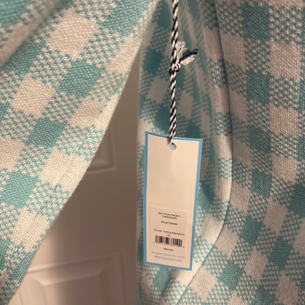 *Draper James RSVP womens XS button front cardigan gingham white/turquoise NWT - Picture 3 of 9